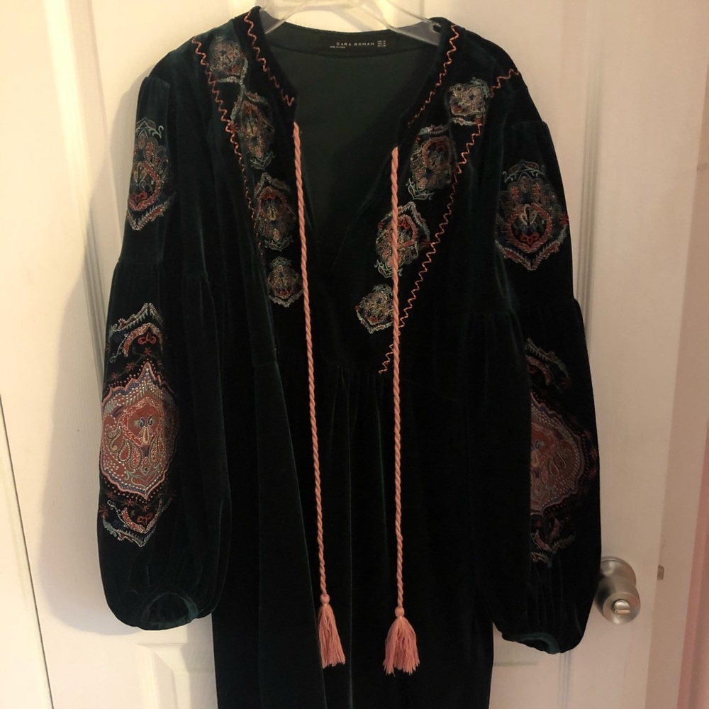 dark green velvet embroidered zara dress